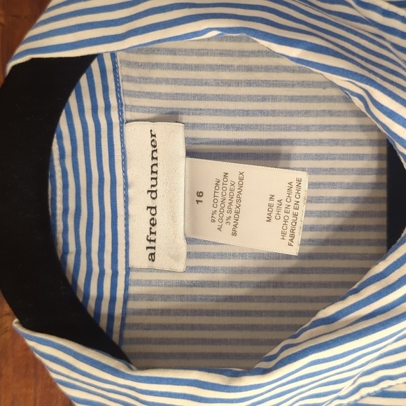 Alfred Dunner | Blue White Striped Floral 3/4 Sleeve Button Down Cotton Size 16 - Picture 3 of 6